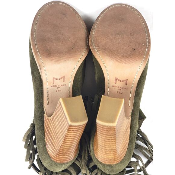 Marc Fisher Suede Fringe Open Toe Booties Women’s 9.5M Army Green Block Heel - Picture 10 of 14